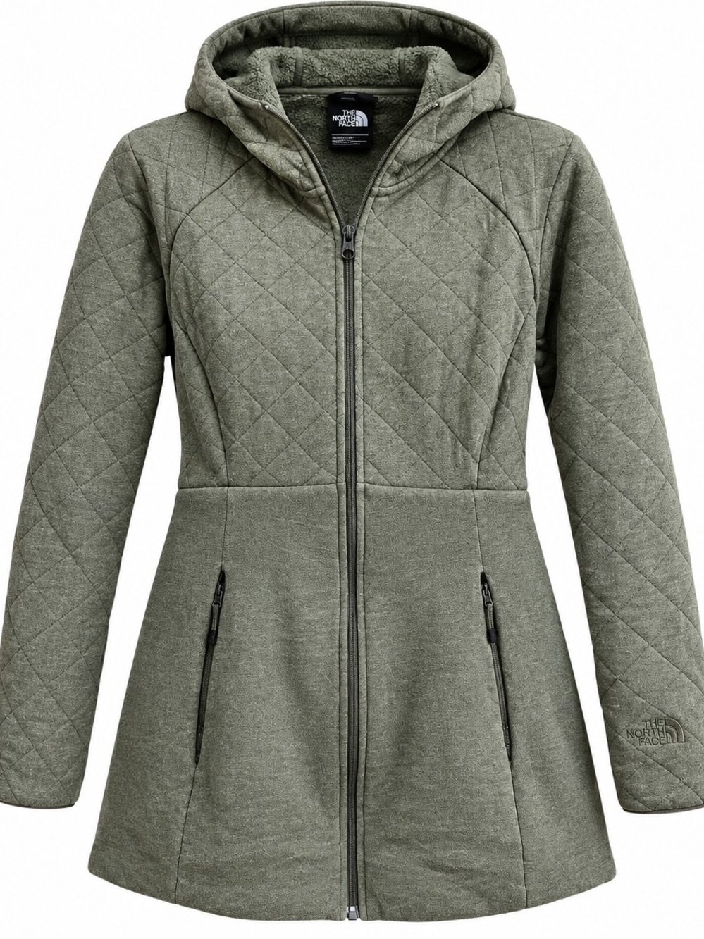 The North Face Women's Olive Green Quilted Hooded Full Zip Long Jacket Coat